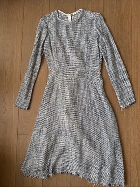 Tome NYC Long-Sleeve Tweed Fit-and-Flare Dress in Light Gray and Blue